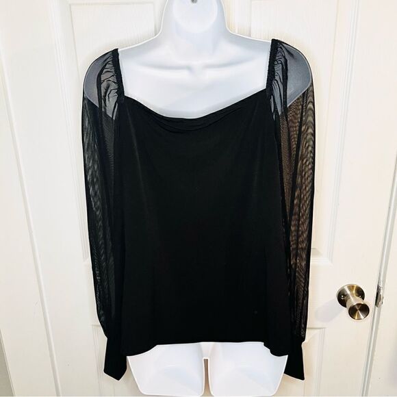 Tahari Square Neck Mix Media Sheer Sleeve Top Black XL - Picture 9 of 11